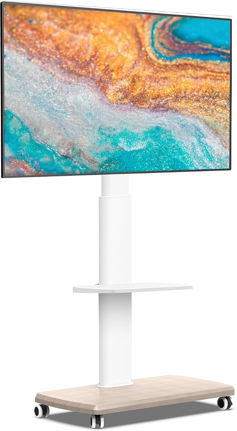 FITUEYES Rolling TV Stand, Mobile TV Cart on Wheels for 32-70 Inch Flat Screen TVs, Tall Floor TV Stand with Swivel Mount for Bedroom, Outdoor, Home Office, Small Dorm, White