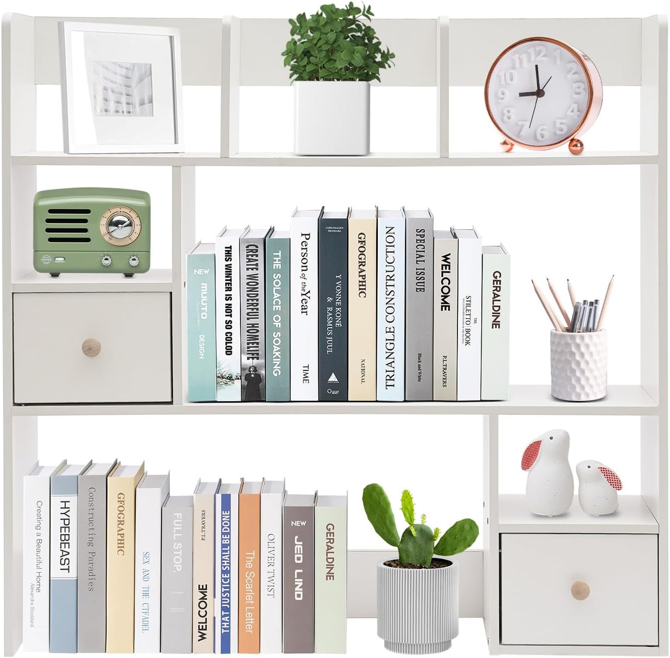 Desktop Bookshelf, 31.5" Tall Desktop Organizer Shelf with 7 Compartment and 2 Drawer, Desk Hutch for Computer Monitor Stands, 3 Tier Desktop Display Rack for Home Office Dorm (White)