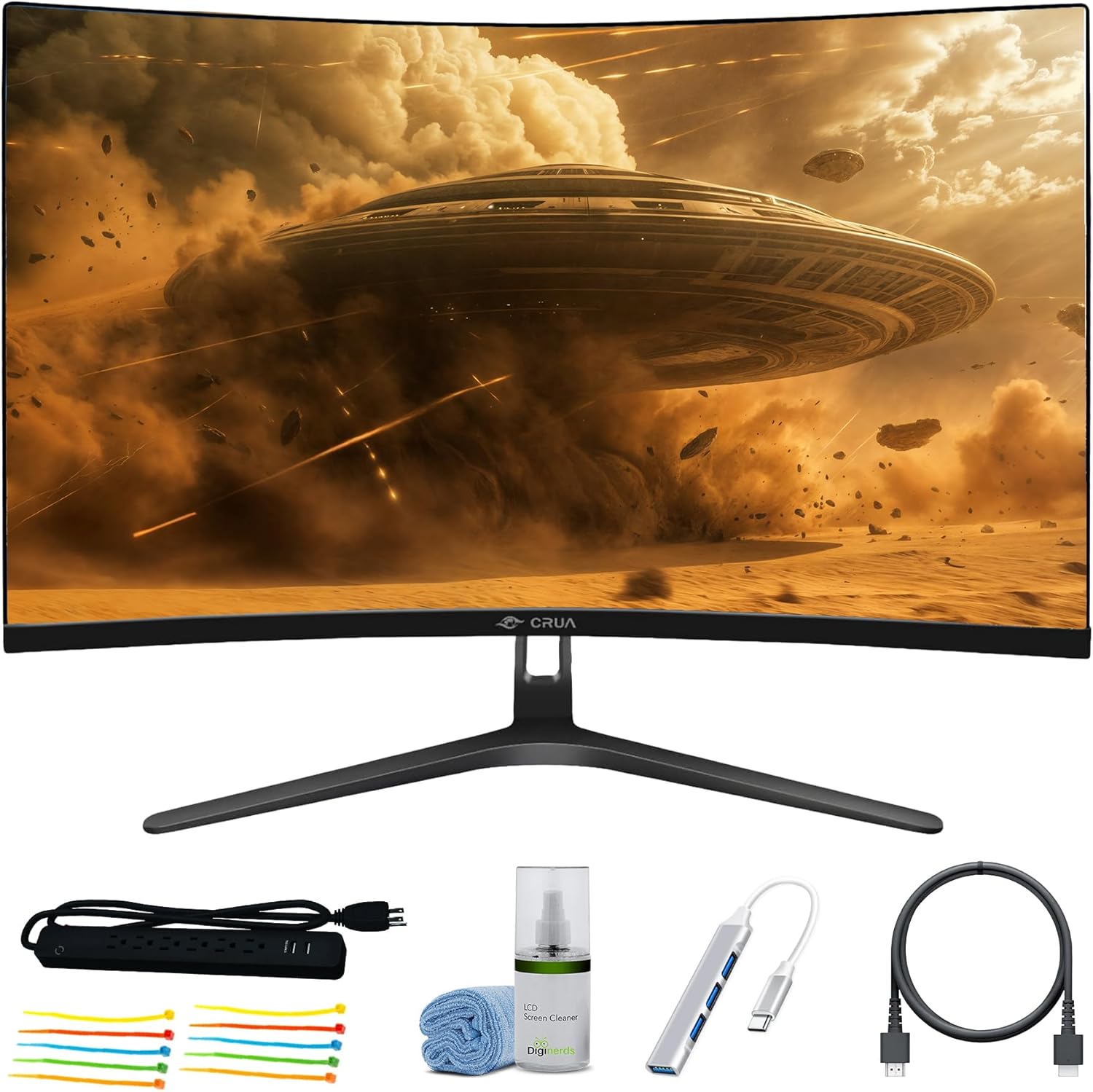CRUA 27 inch 100HZ Curved Monitor for Gaming Perfect for Office/Dorm/Home use. Bundle Includes: LCD Cleaning Kit, HDMI Cable, Surge Protector, Cable Ties and USB Hub