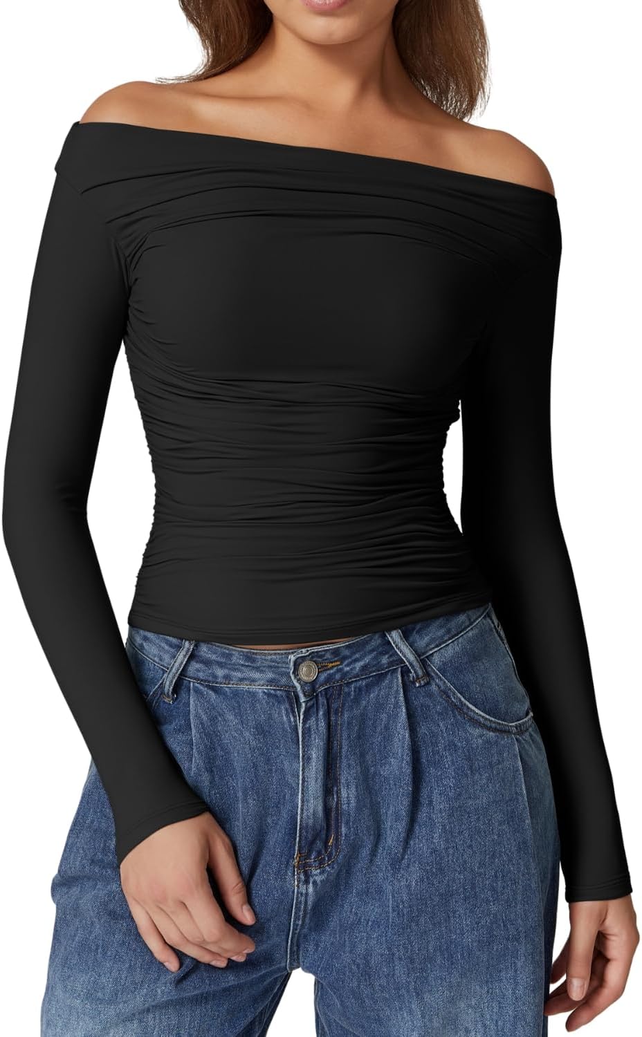 QINSEN Womens Off Shoulder Long Sleeve Tops Ruched Going Out Crop Slim Fitted Double Lined Shirts