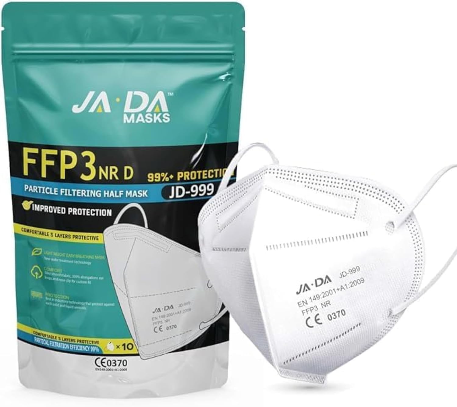 Apex Business Supplies JADA FFP3 Face Masks Pack of 10 Masks With >99% Filtration Efficiency - Disposable Face Mask UK - Soft And Secure Fit - (Packaging may vary)