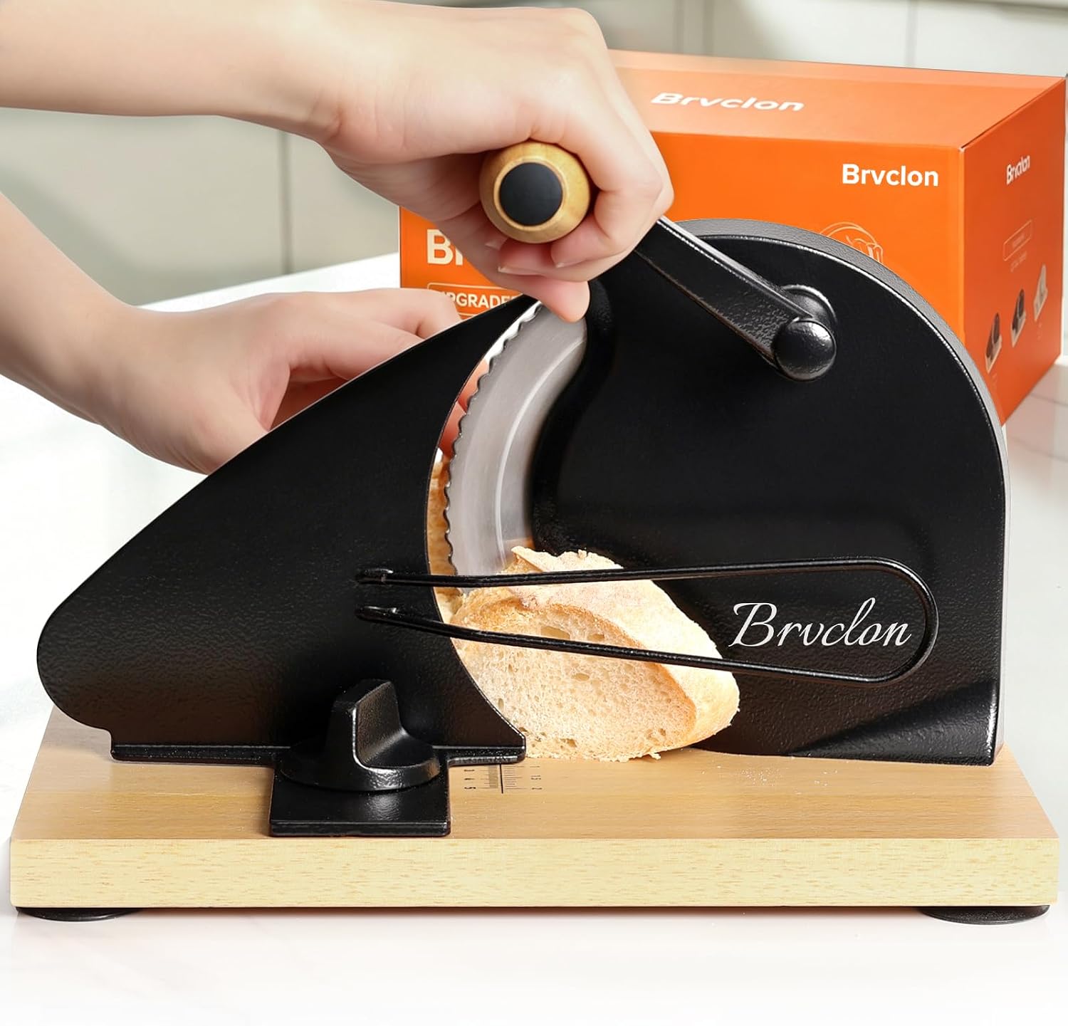 Brvclon Manual Bread Slicer Adjustable Thickness, Hand Crank Bread Slicer for Homemade Sourdough Bread with Scale Line & Suction Cup & Metal Guide,Quality Solid Wood Base