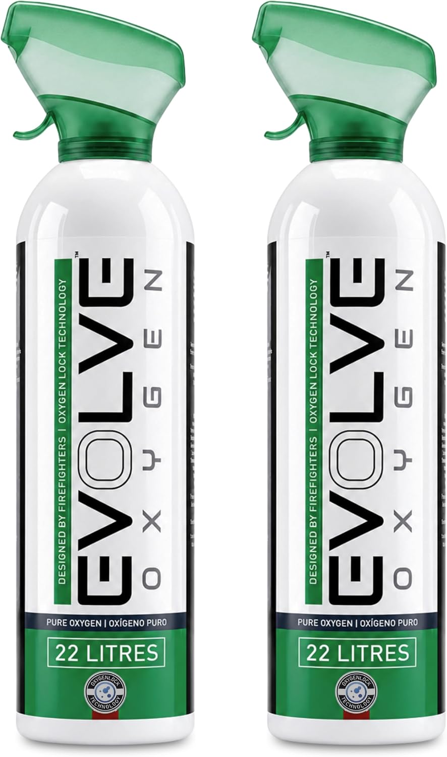 EVOLVE 22-Litre Pure Oxygen Canister with Breathing Cup | Portable Oxygen Can | Ideal for Home Use and Outdoor Activities | Designed by Firefighters | Made in Britain | Pack of 2