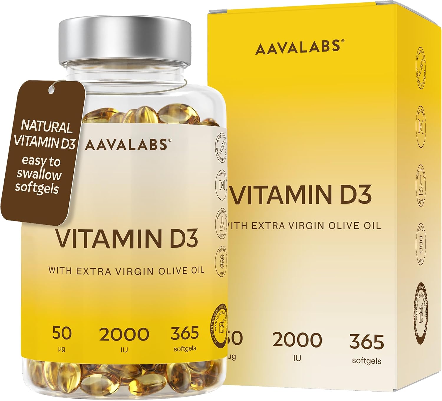 Vitamin D3 [2000 IU] - with Extra Virgin Olive Oil for Optimum Absorption - High Strength Vitamin D Supplement - Contributes to Bone, Muscle and Immune Function - 365 Vitamin D Capsules