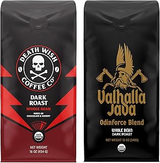 Death Wish Coffee Co. Whole Beans - Extra Kick of Caffeine - 1 lb & Valhalla Java Odinforce Blend 12 oz - Whole Bean Coffee Bundle/Bulk - USDA Certified Organic - Fair Trade - Arabica & Robusta Beans