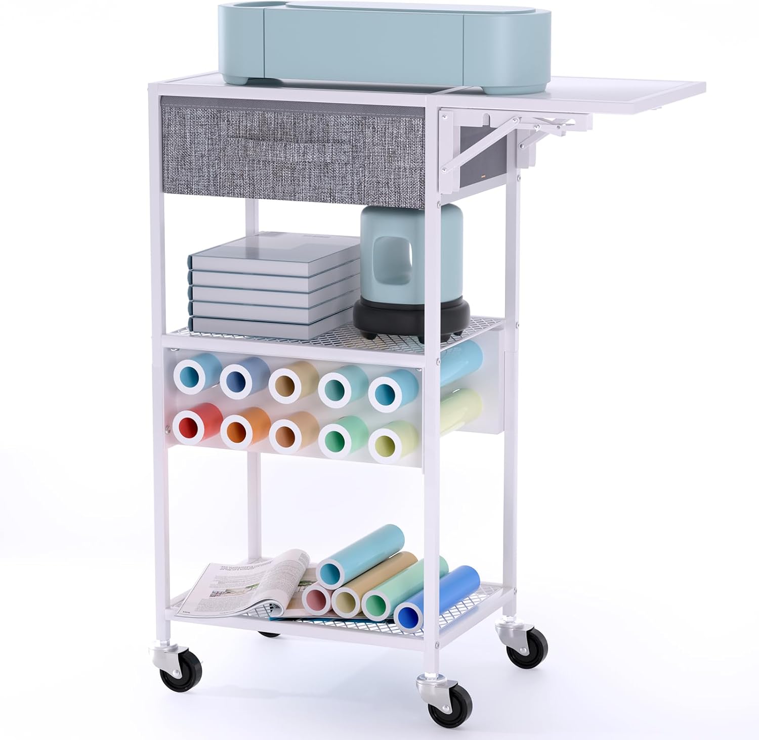 Rolling Cricut Storage Organizer Cart Compatible with Cricut Machine, Cricut Vinyl Roll Holder Foldable Craft Organizers and Storage Cart with Drawer, Cricut Table Workstation for Home Craft Room