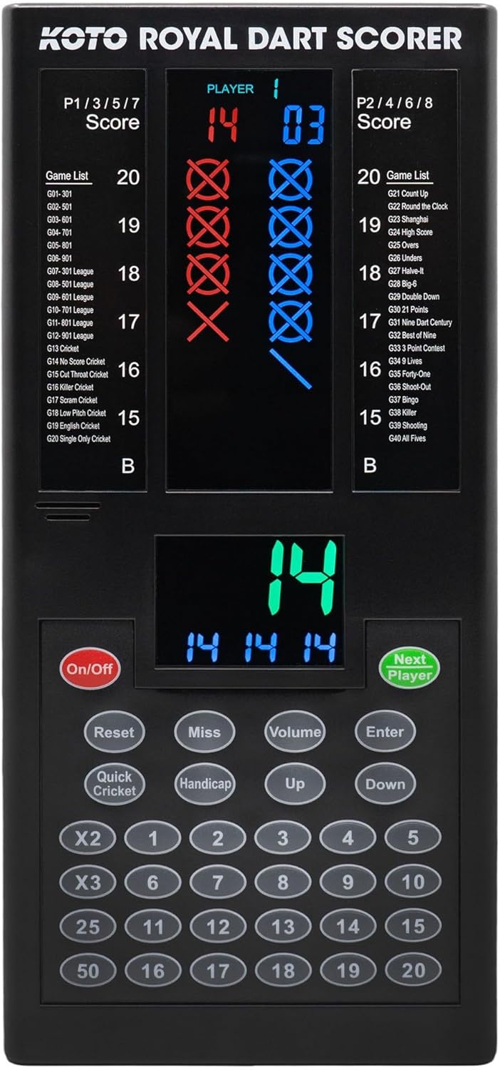 KOTO - Royal Dart Scoreboard, Games, Scoreboard Incl. 40 Games, Score Indicator & Mounting Material, For 8 Players, Battery Operated, Electronic Dart Scorer Electronic Score board