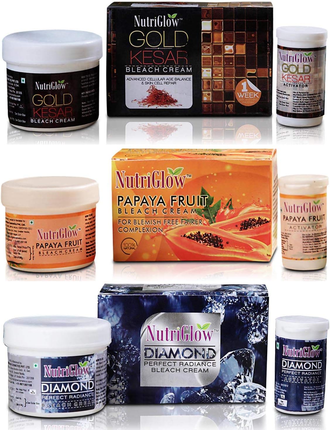 NUTRIGLOW Gold Kesar Bleach Cream, Papaya Fruit Bleach Cream, Diamond Perfect Radiance Bleach Cream For Lightening Facial Hair, Dark Spot Corrector And Tan Removal, 43G Each, Pack Of 3