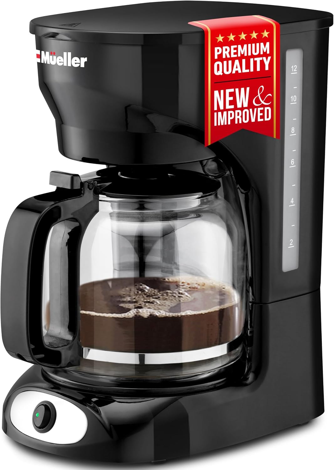 Mueller 12-Cup Drip Coffee Maker - Borosilicate Carafe, Auto-Off, Reusable Filter, Anti-Drip, Keep-Warm Function, Clear Water Level Window Coffee Machine, Kitchen Essentials & Accessories