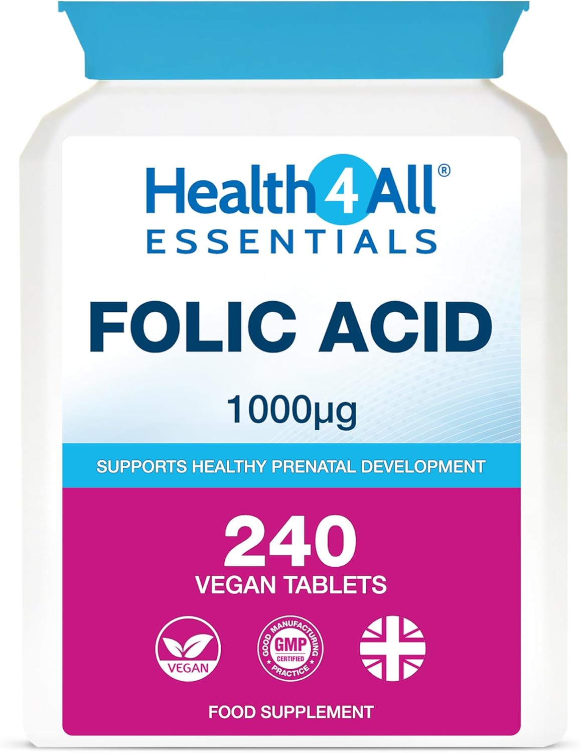 Health4All Folic Acid 1000mcg, 240 Tablets 8 Months Supply, Supports Healthy Prenatal Development, Reduce Tiredness & Fatigue, Normal Immune Response, High Strength Vegan Vitamin B9 | Made in UK