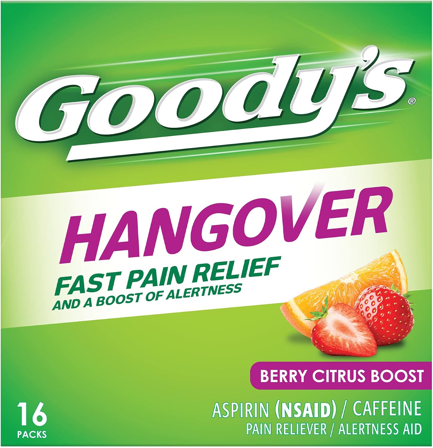 Goody’s Hangover Relief Powder, Headache Relief with Aspirin and Caffeine for Alertness, Berry Citrus Flavor Dissolve Packs, 16 Count