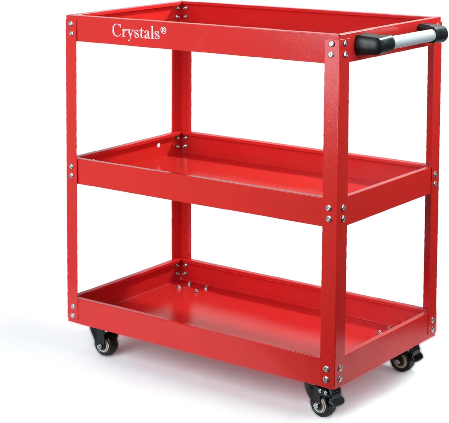 Crystals 3-Tier Rolling Tool Trolley on Wheels, Heavy-Duty Steel Mobile Storage Trolley, Service Cart with Handle and Lockable Wheels, (200 Kg Load Capacity, 72cm x 35cm x 65.5cm, Red)