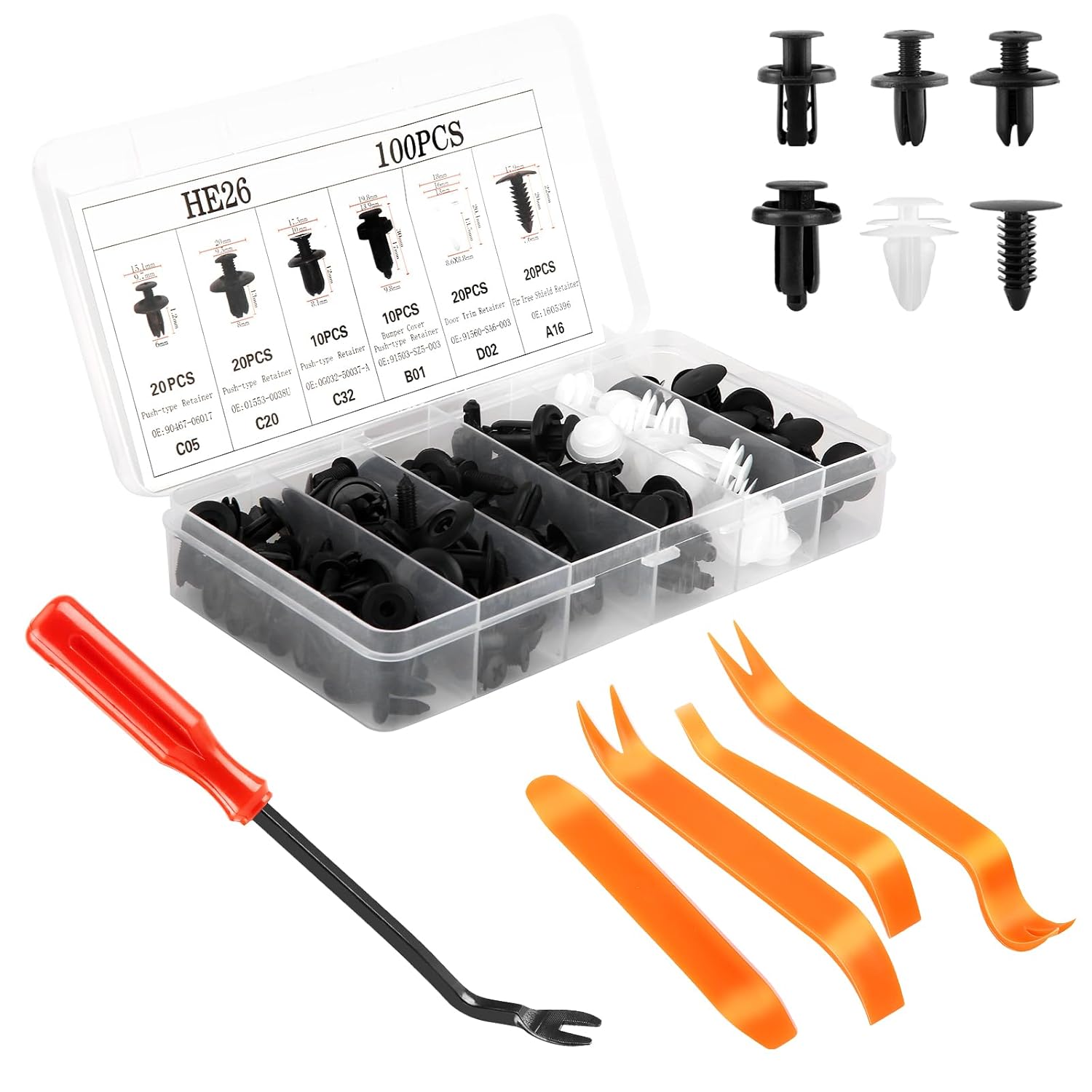 105pcs Car Body Trim Clips, 6 Sizes 100pcs Plastic Rivets/Car Retainer Clips & 5pcs Car Screws Remover Tool for Most Models