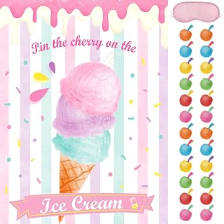 WERNNSAI Pin The Cherry on The Ice Cream Game - 21'' x 28'' Ice Cream Party Supplies for Kids Girls with 24 PCS Cherry Stickers Ice Cream Birthday Party Game Poster Wall Decor