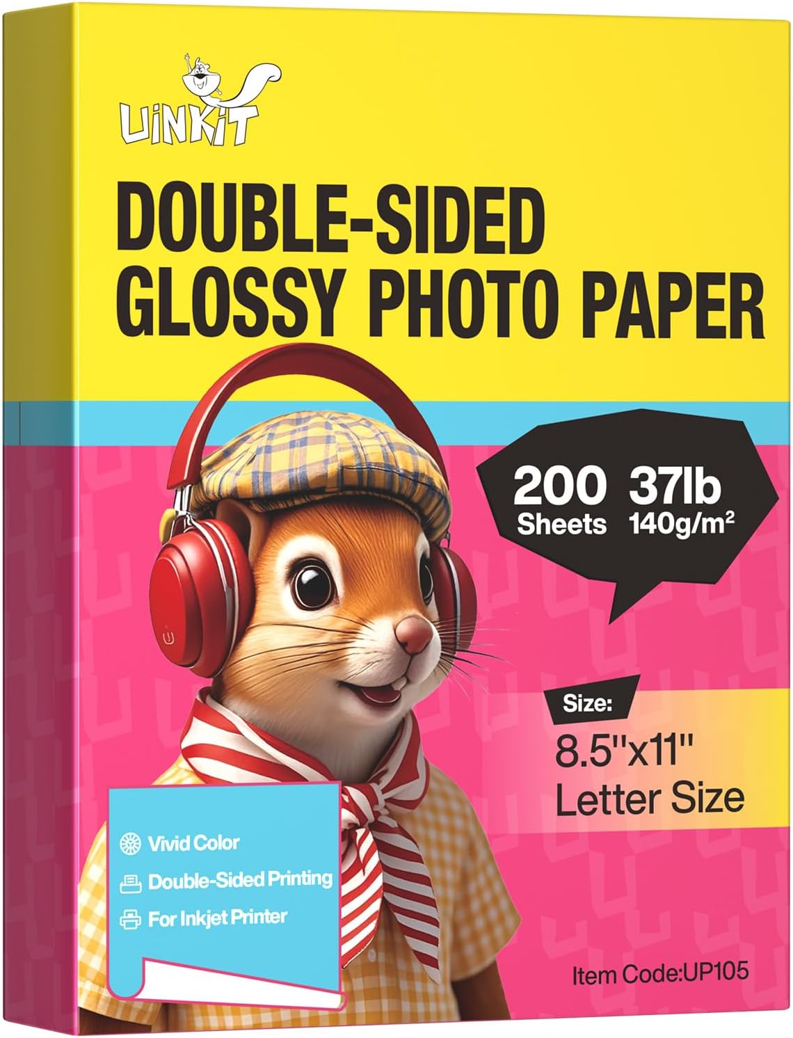 Uinkit Photo Paper Glossy Double Sided 8.5x11 Inkjet 37lb 140gsm Dye ink Thin Photo Picture Flyer Calendar Magazine CD Cover letter (200, 8.5 x 11 x Glossy)
