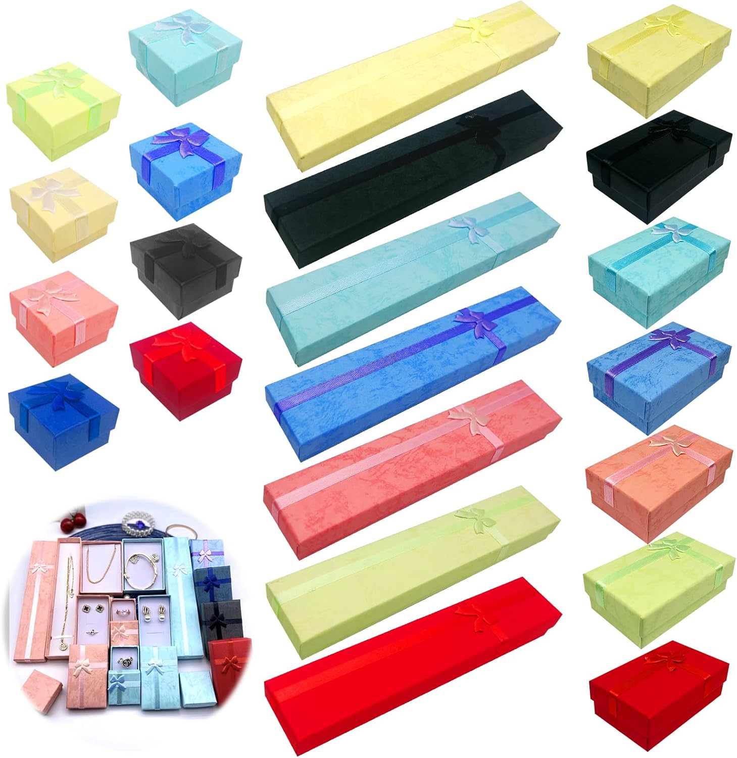 21Pcs Empty Jewelry Gift Boxes with Lids Assortment Set, 7.9" x 1.6", 1.57"x1.57", 2”x 3” Cardboard Jewelry Boxes with Bowknot for Necklaces Earrings Bracelets Ring Packaging Displaying