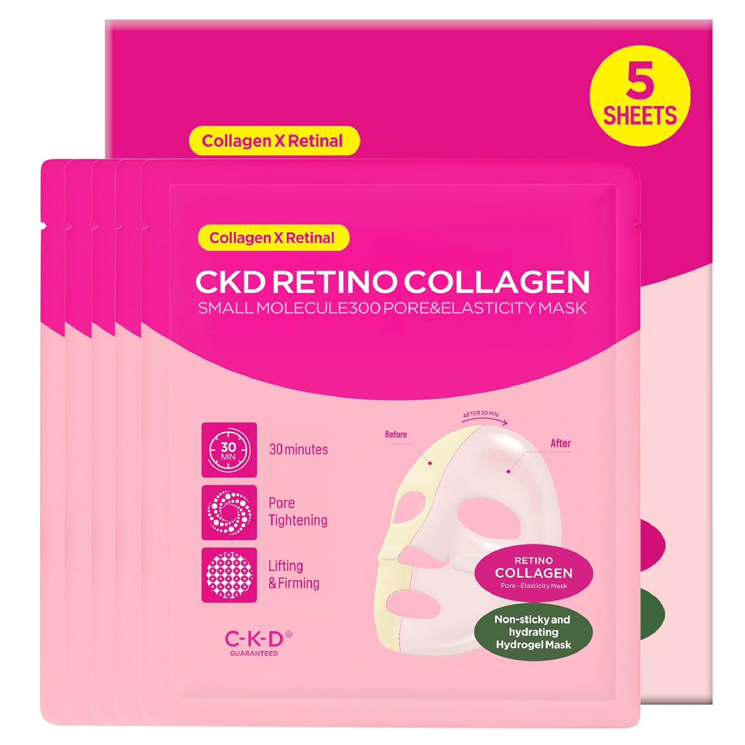 CKD Retinal Collagen Gel Face Mask Sheet (5 Pack) for Glass Glow Skin, Pore Minimizing, Elasticity and Boosting Firmness. Suitable for All Skin Types. Korean Skincare.