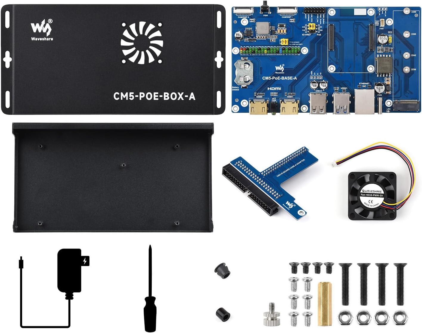 Waveshare Compute Module 5 IO Board, Compatible with All Variants of Raspberry Pi CM5, with PoE Feature, Bundle with PoE Base Board + Case + Power Supply Adapter