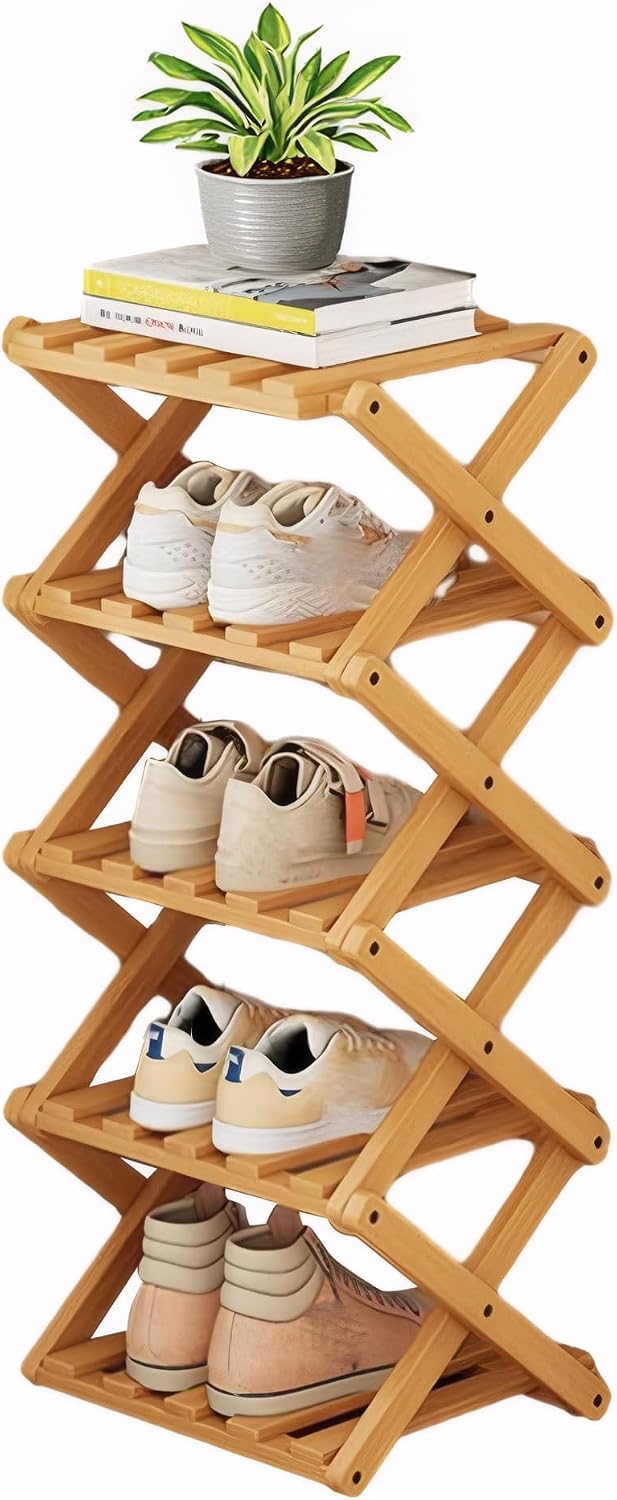Shoe Rack,Foldable Multi Layer Bamboo Shoe Rack,Without Installation Vertical Folding Shelves,X Shape Portable Wooden Shoes Racks Small for Living Room,Entrance and Small Spaces (5 Tier)