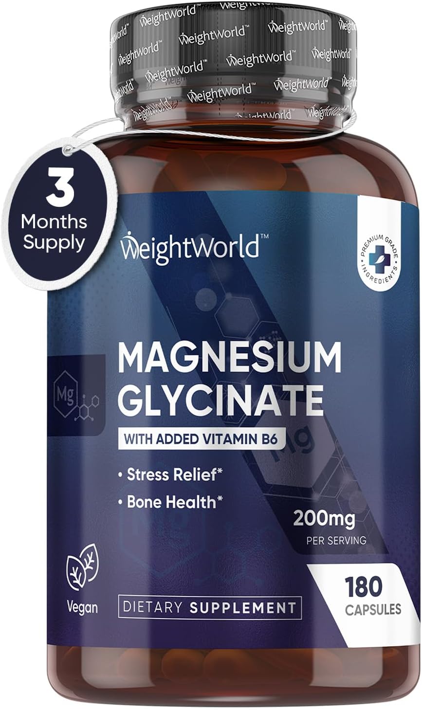 WeightWorld Magnesium Glycinate Capsules 200mg - 180 Capsules (3 Months Supply) - with Added Vitamin B6 2mg - High Absorption Magnesium Supplement - Vegan & Gluten-Free Magnesium Pills