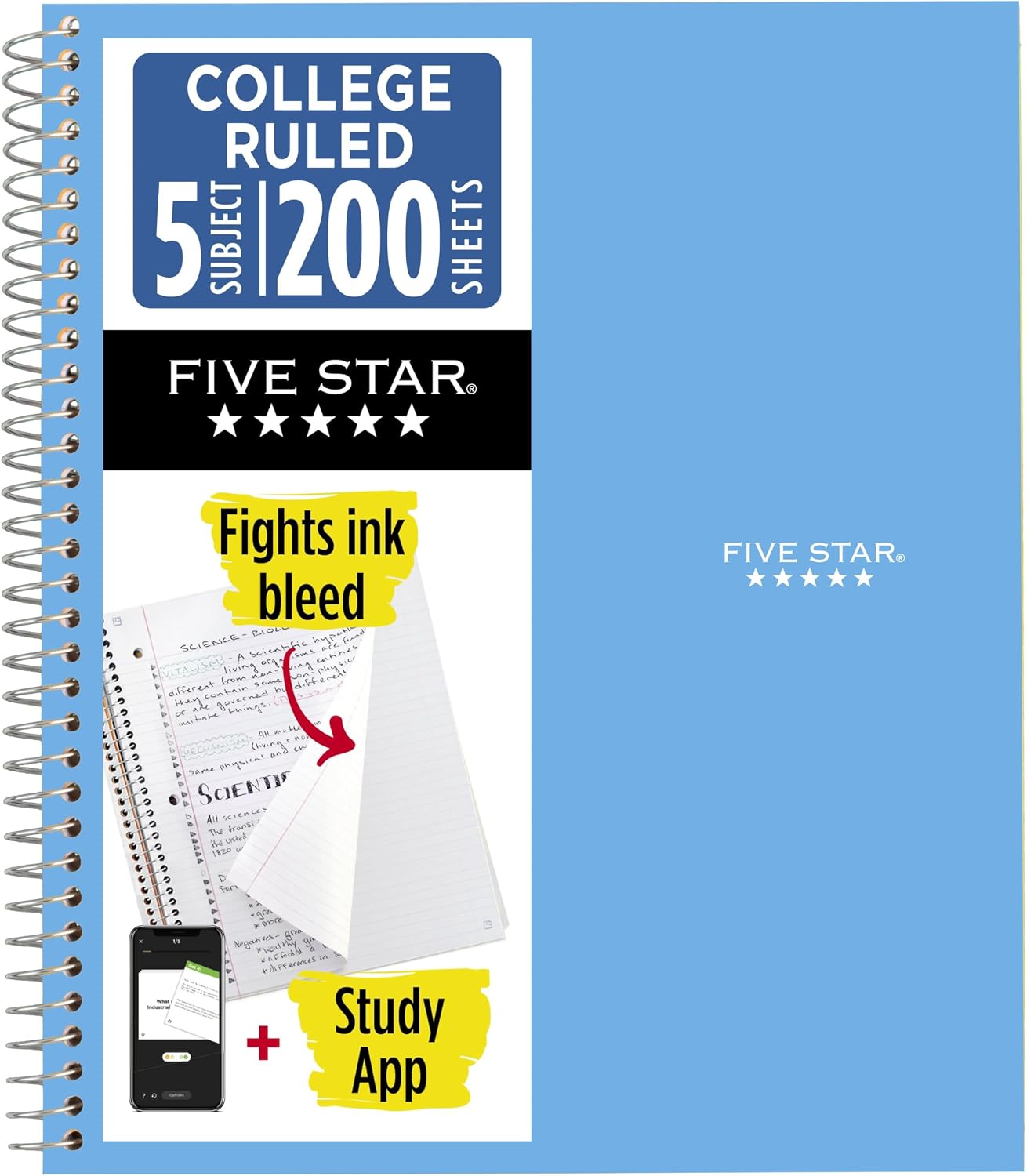 Five Star Spiral Notebook + Study App, 5 Subject, College Ruled Paper, 8-1/2" x 11", 200 Sheets, Fights Ink Bleed, Water Resistant Cover, Pacific Blue (73635)