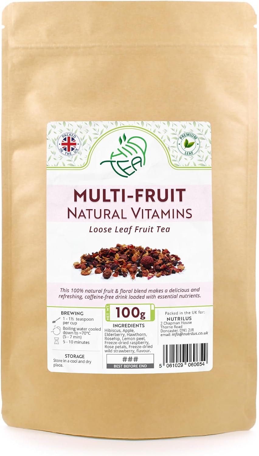 Multi-Fruit Loose Fruit & Herbal Tea - Natural Vitamins – Mix of Fruits and Flowers – Immune System & Metabolism – Hibiscus & Apple & Elderberry & Rose & Lemon Peel & Raspberry & More (100g)