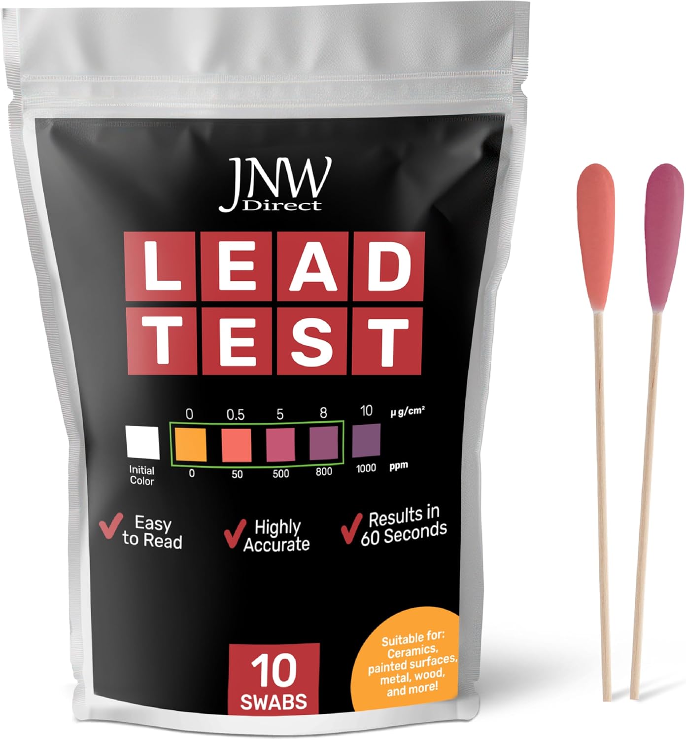 JNW Direct Lead Test Swabs (10 Rapid Testing Swabs) - Quick and Accurate Lead Paint Test Kit, Lead Test Swabs for Dishes, Bottles, Surfaces, Ceramics and More
