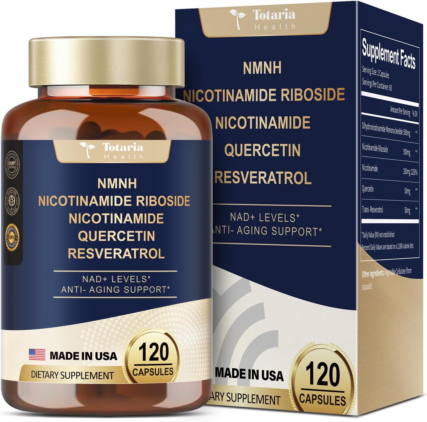 NMNH (Dihydronicotinamide Mononucleotide), NMNH Supplement w/Niacinamide (Vitamin B3), Quercetin, Trans-Resveratrol, Support NAD+, Skin Cell Health*, Anti-Aging & Energy, 120 Caps