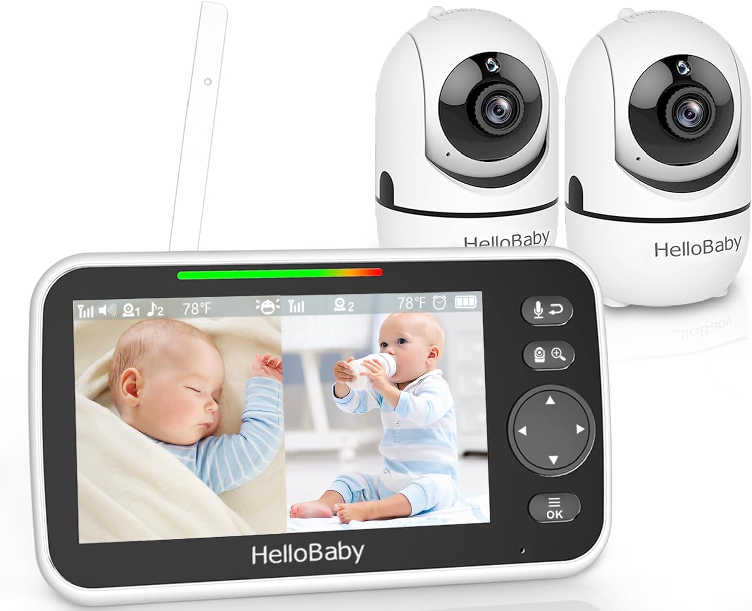 HelloBaby Baby Monitor with 2 Cameras and Night Vision, 5'' Split Screen with 26-Hour Battery, 2 Cameras Pan-Tilt-Zoom Video Baby Monitors, No WiFi, ECO, 2-Way Audio, 8 Lullabies, 1000ft Range
