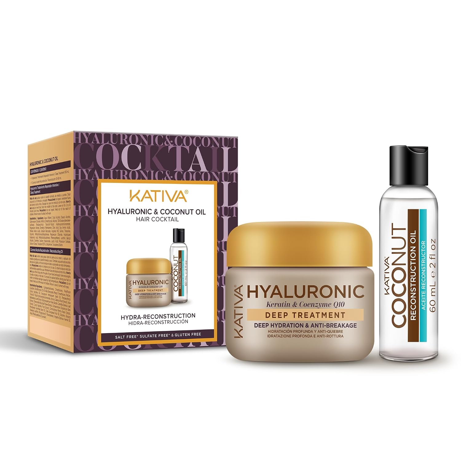 KATIVA Hair Cocktail Hyaluronic & Coconut Oil Hydra Reconstruction – Hyaluronic Deep Treatment 5 fl oz + Coconut Oil 2 fl oz – Hydrating & Smoothing Duo for Dry, Damaged Hair – Vegan & Salt Free