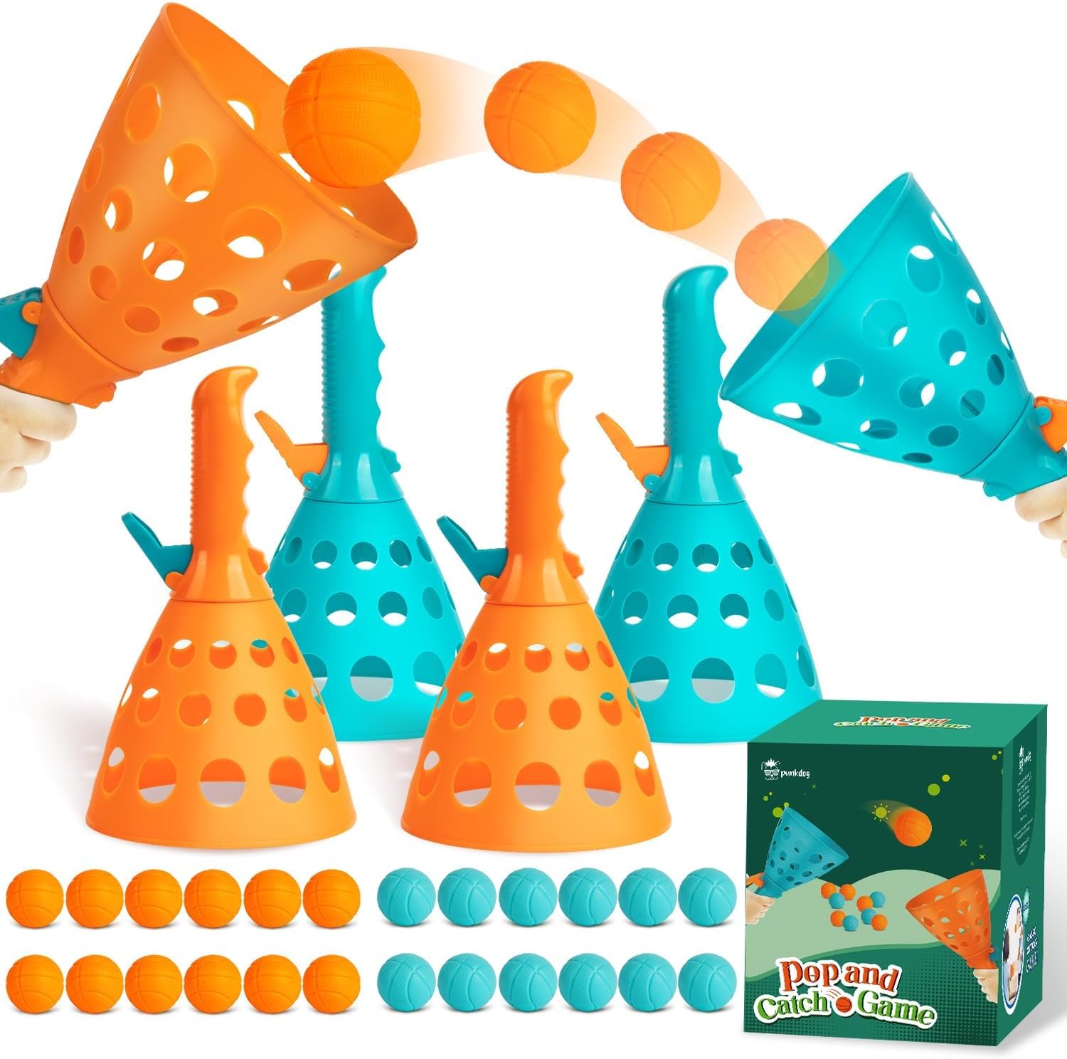 Pop and Catch Ball Game with 24 Balls and 4 Catch Launcher Baskets - Outdoor Indoor Game Activities, Easter Basket Stuffers Gifts Beach Sport Summer Beach Toys for Kids Ages 4 5 6 7 8 10 12+