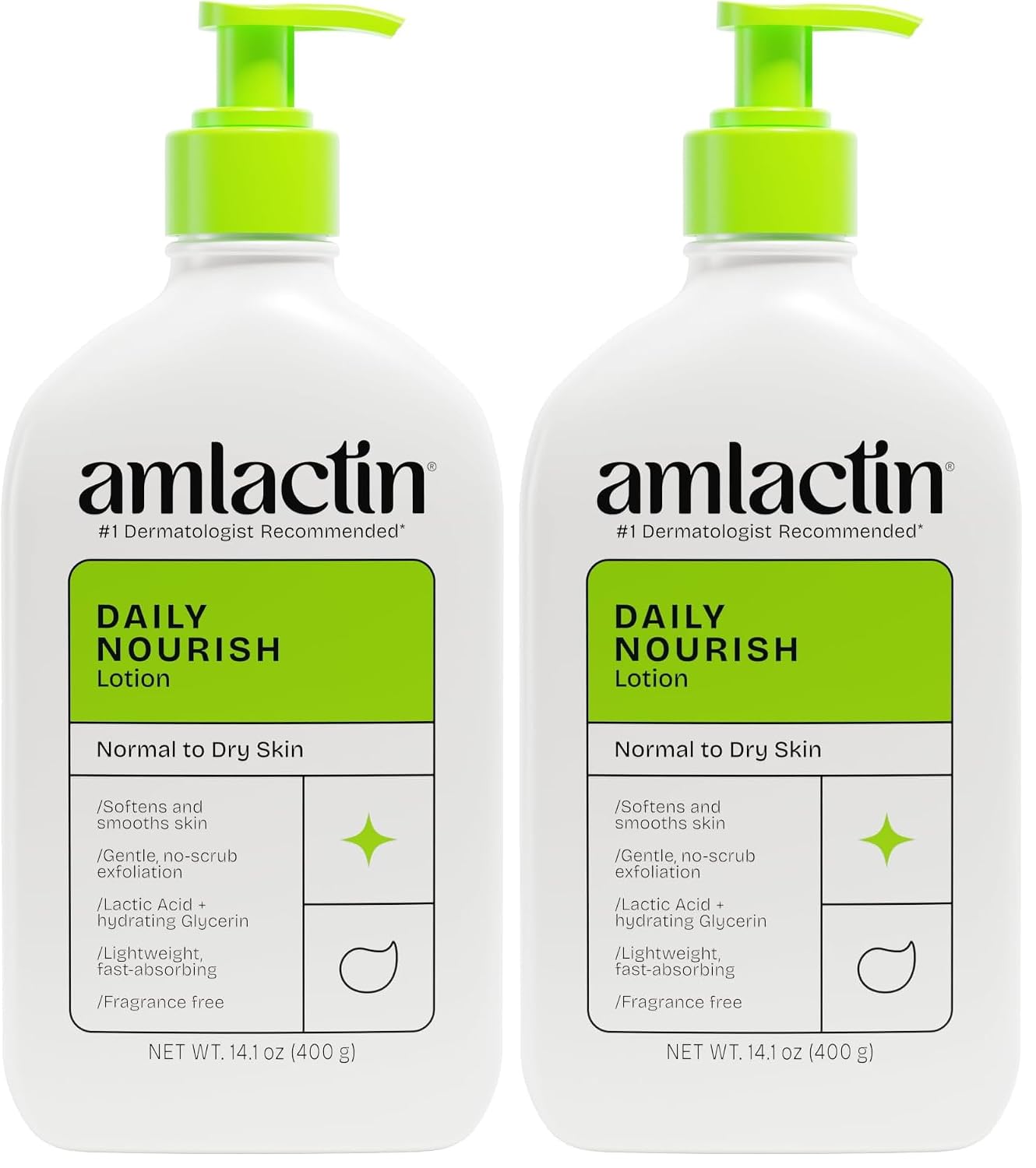 AmLactin Daily Nourish Therapeutic Body Lotion for Dry Skin - No-Scrub Exfoliator and Moisturizer 12% Lactic Acid Lotion,14.1 oz (Packaging May Vary),(Pack of 2)