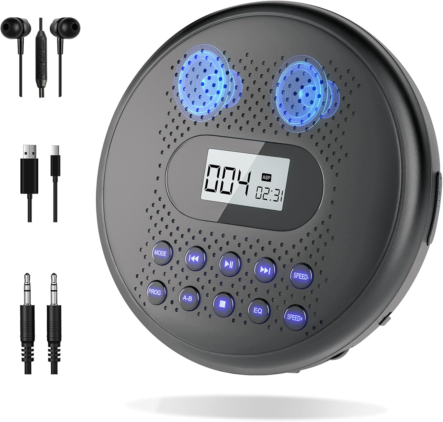 ARAFUNA Portable CD Player with Dual Stereo Speakers, Rechargeable Compact CD Player for Car with Anti-Skip Protection, Headphones and AUX Cable