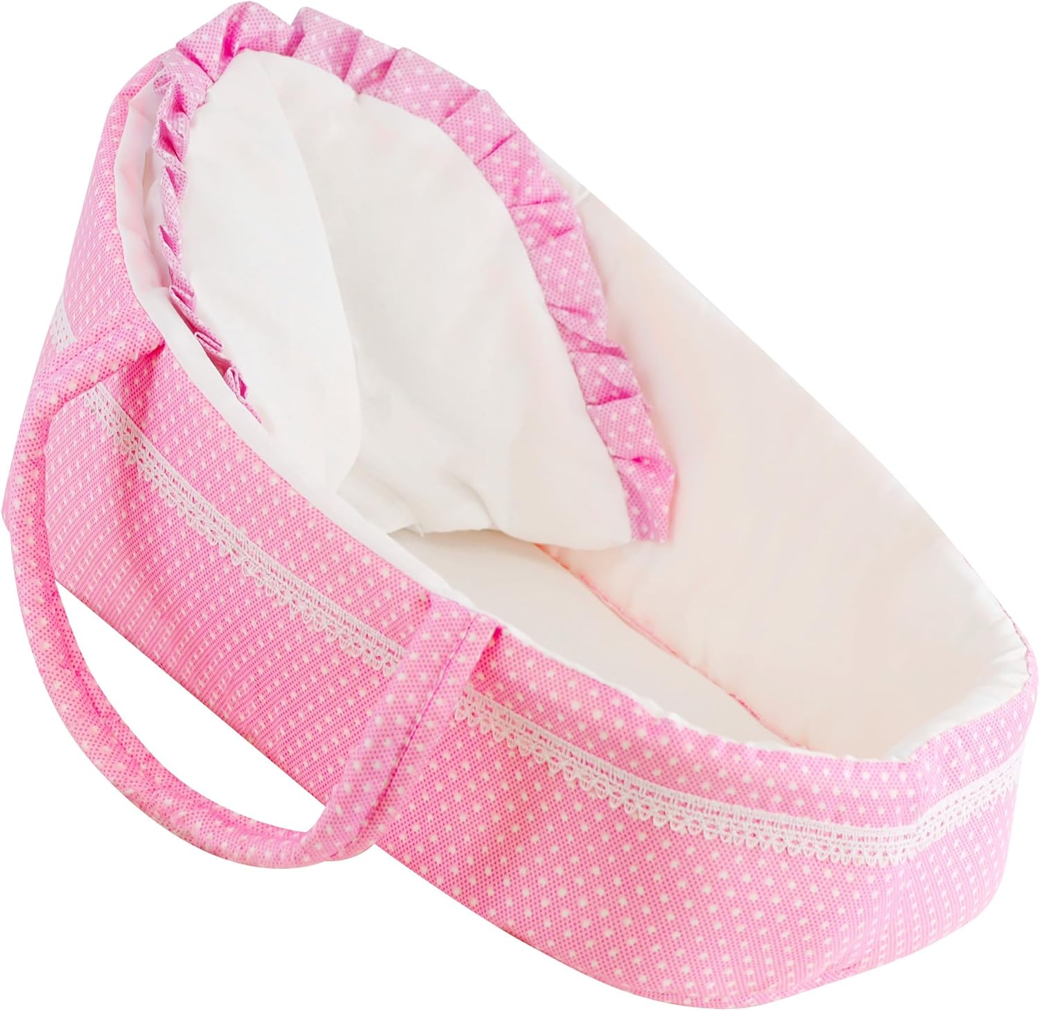 The Magic Toy Shop BiBi Doll Baby Doll Carry Cot up to 15" - Pink Polka Dot Bassinet with Pillow & Carry Handles, Portable Sleeping Carrier Bed for Girls & Boys Aged 18 Months+