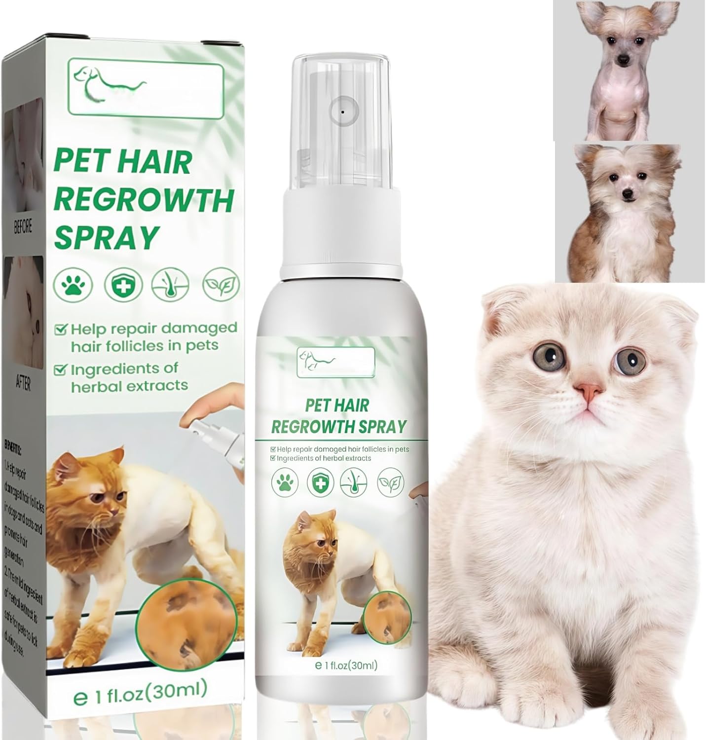 30ml Liquid Spary Pet Hair Loss Treatments,Helps Hair Loss Regrowth Works for Dogs Cats,Pet Hair Regrowth Spray for Dog,Liquid Vit/amin for All Breeds and Ages Dogs,Nourishing Ingredients for Skin