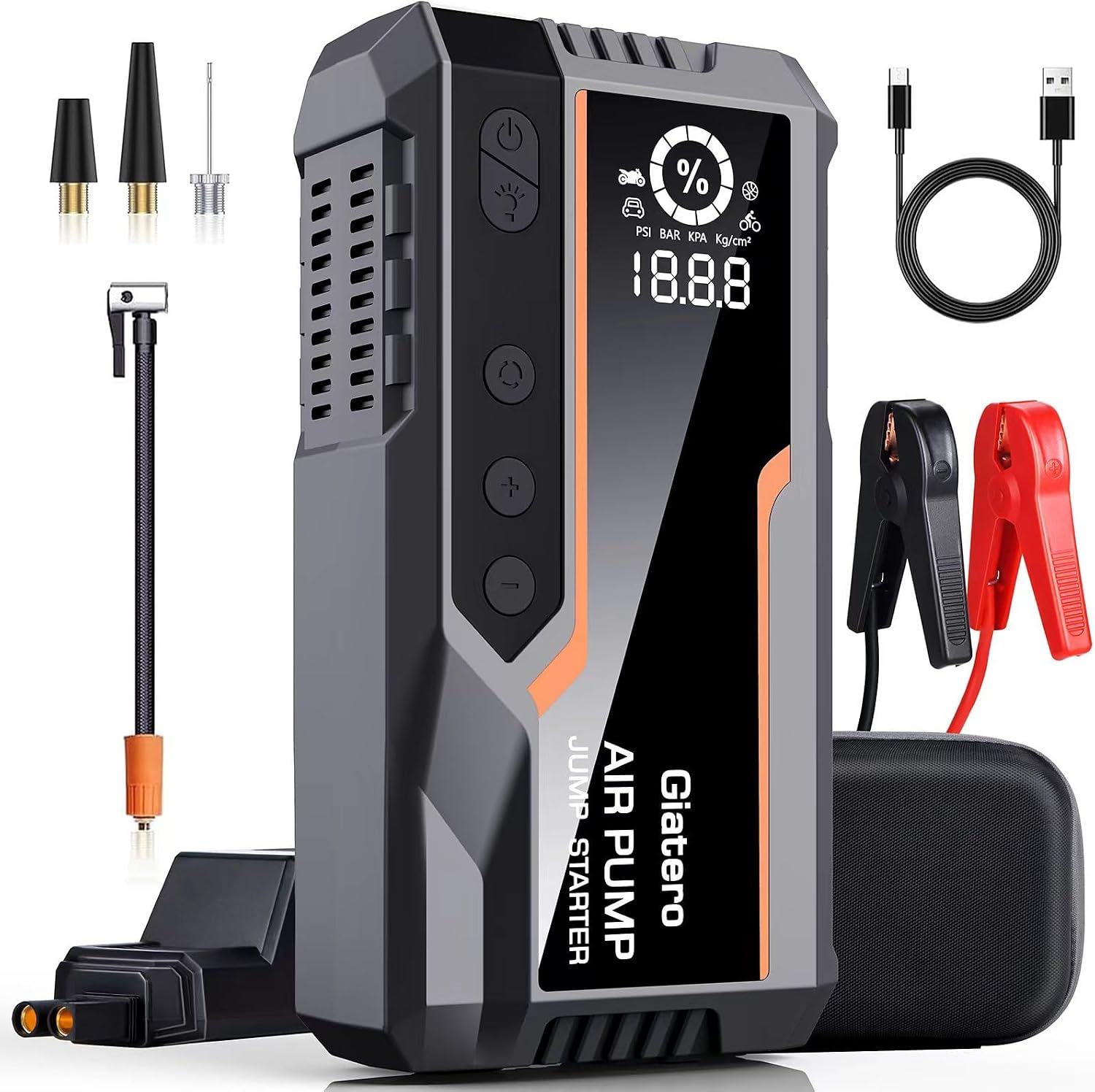 Q21 4500A Portable Car Jump Starter with Air Compressor, 150PSI, Power Bank QC3.0 Charging, Includes Jumper Cables and 3 Modes LED Flashlight, for Motorcycle Pickup (Up to 9L Gas/8L Diesel)