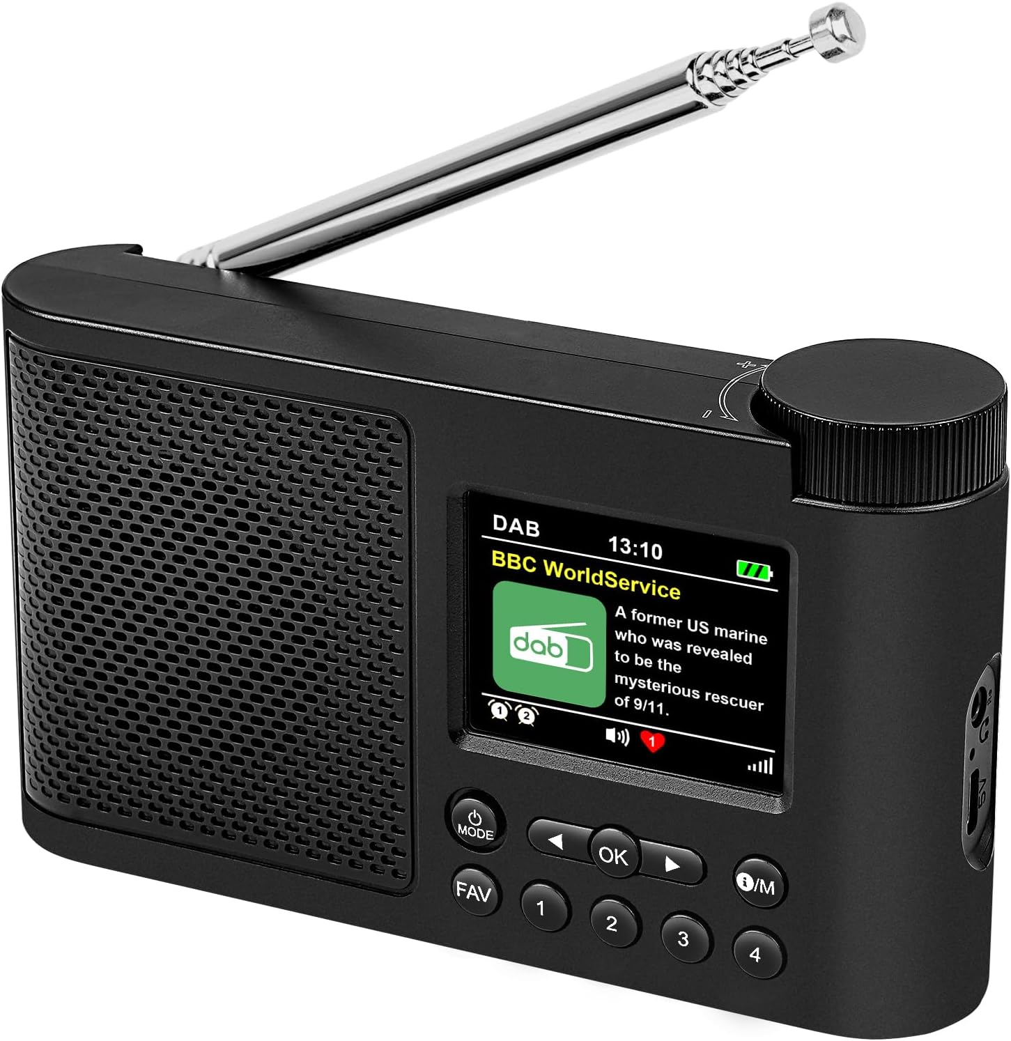 WOVTE DAB Portable Digital Radio Rechargeable Battery or Mains Powered Small FM Radio with Bluetooth Alarm Clock Sleep Timer (Black (Colour Display Arc Edge Design))