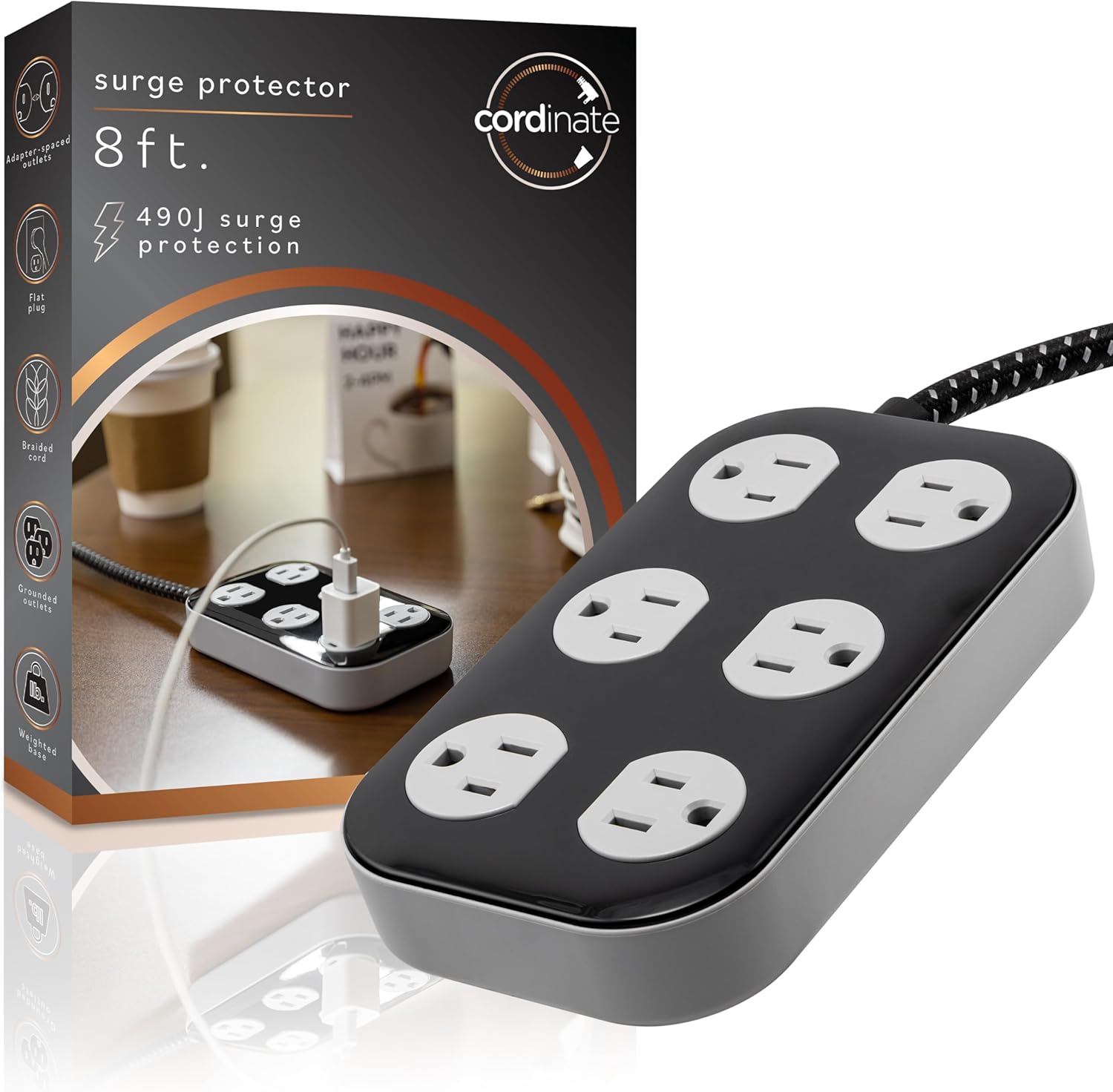 Cordinate Adapt 6 Widely Spaced Multiple Outlets Power Strip Surge Protector Braided 8 ft Extension Cord Flat Plug Electrical Extender for School Dorm Room Home Office 500 Joules, Black, 80998
