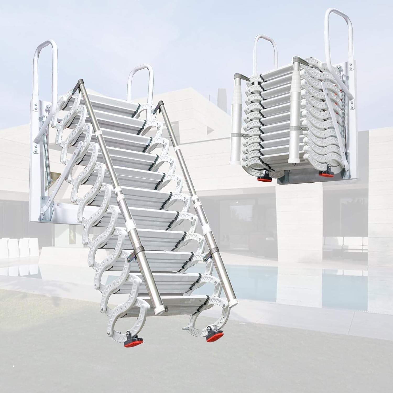 Wall Mounted Attic Ladder, Folding Loft Staircase, Pull Down Loft Stairs for Indoor, Retractable Home Attic Stairs, Loft Ladder with Armrests Outdoor, Non slip,001,3.2~3.5m