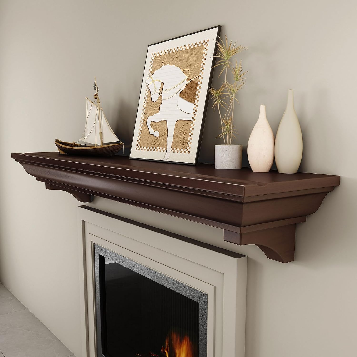 KALSUBO 72 Inch Fireplace Mantel Shelf, Invisible Heavy Duty Bracket Floating Mantle for Over Fireplace, Wall Mounted Handcrafted Hollow Solid Wood Design, Rustic Traditional Fireplace Decor (Walnut)