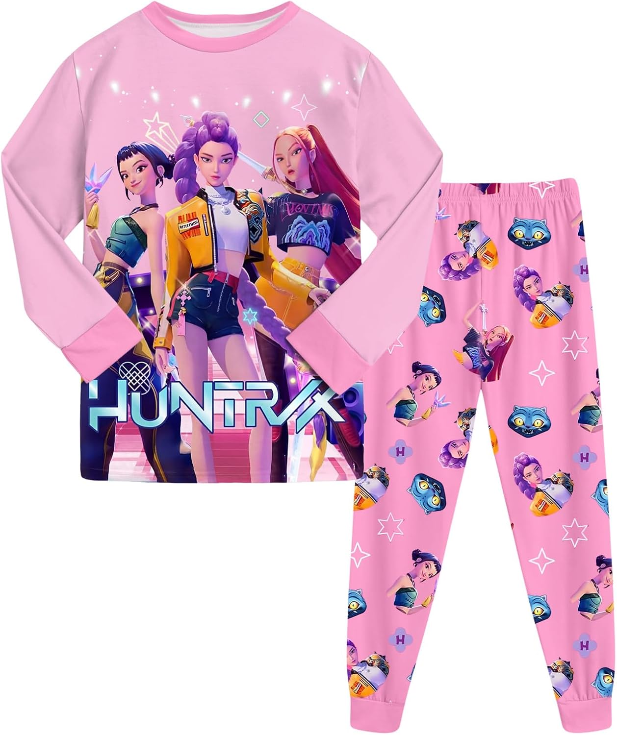 K-KPop D-Demon H-Hunters Pjs Set, 2 Pieces H-Huntrix Huntr/X Printed Outfit Kids Pyjamas 2 Pieces Tracksuit Set Merch Clothes Long Sleeve Pjs Music Party Nighties Cartoon Sleepwear for Girls Boys