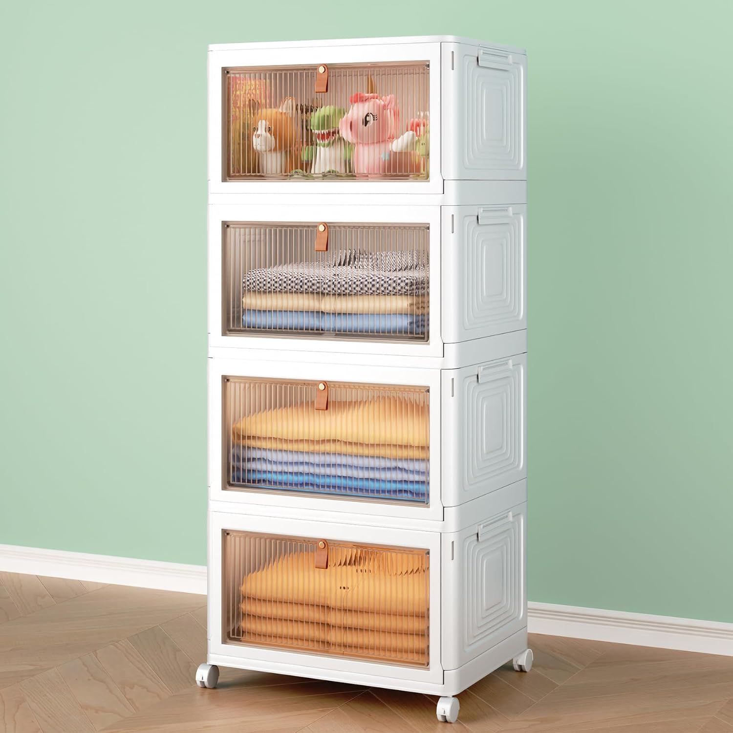 4 Tier Storage Bins with Lids, 23QT Stackable Closet Organizers and Storage with Wheels, Collapsible Storage Boxes, Foldable Plastic Storage Containers for Home,Office, Dorm Room