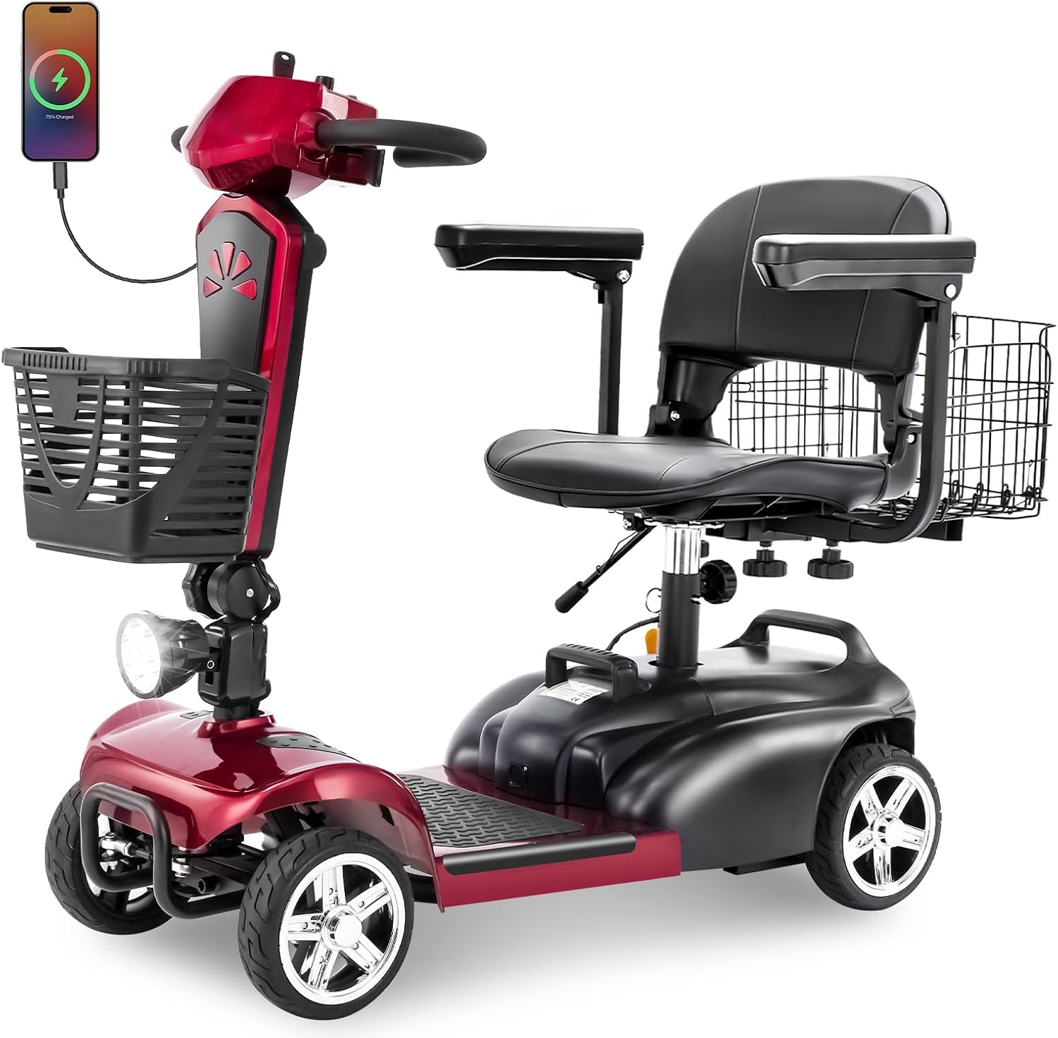 15-50Miles Eldryvon 4 Wheels Mobility Scooter for Seniors&Adult, 350W Electric Powered Wheelchair Device with Extended Battery, Dual Basket, 300Lbs All Terrain (Red, 15Miles Standard)