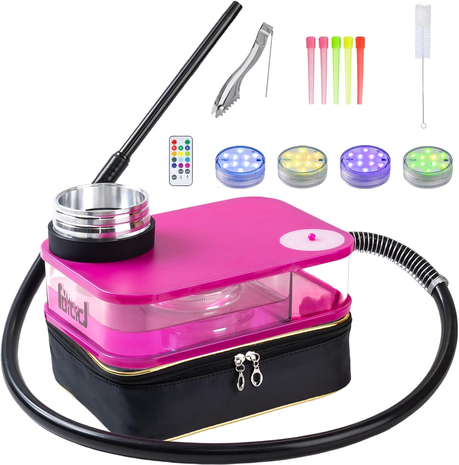 Portable Hookah Set for Travel, Portable Shisha Hookah Box Portatil with LED Lights & Accessories (Pink)