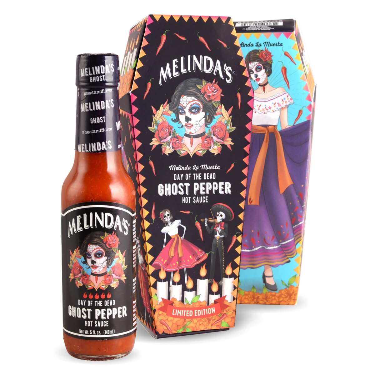 Melinda’s “La Muerta” Limited Edition Day of the Dead Ghost Pepper Sauce - Made with Fresh Ingredients, Ghost Peppers (Bhut Jolokia), Habanero Pepper, Carrot, Garlic, Lime Juice - 5oz, 1 Pack