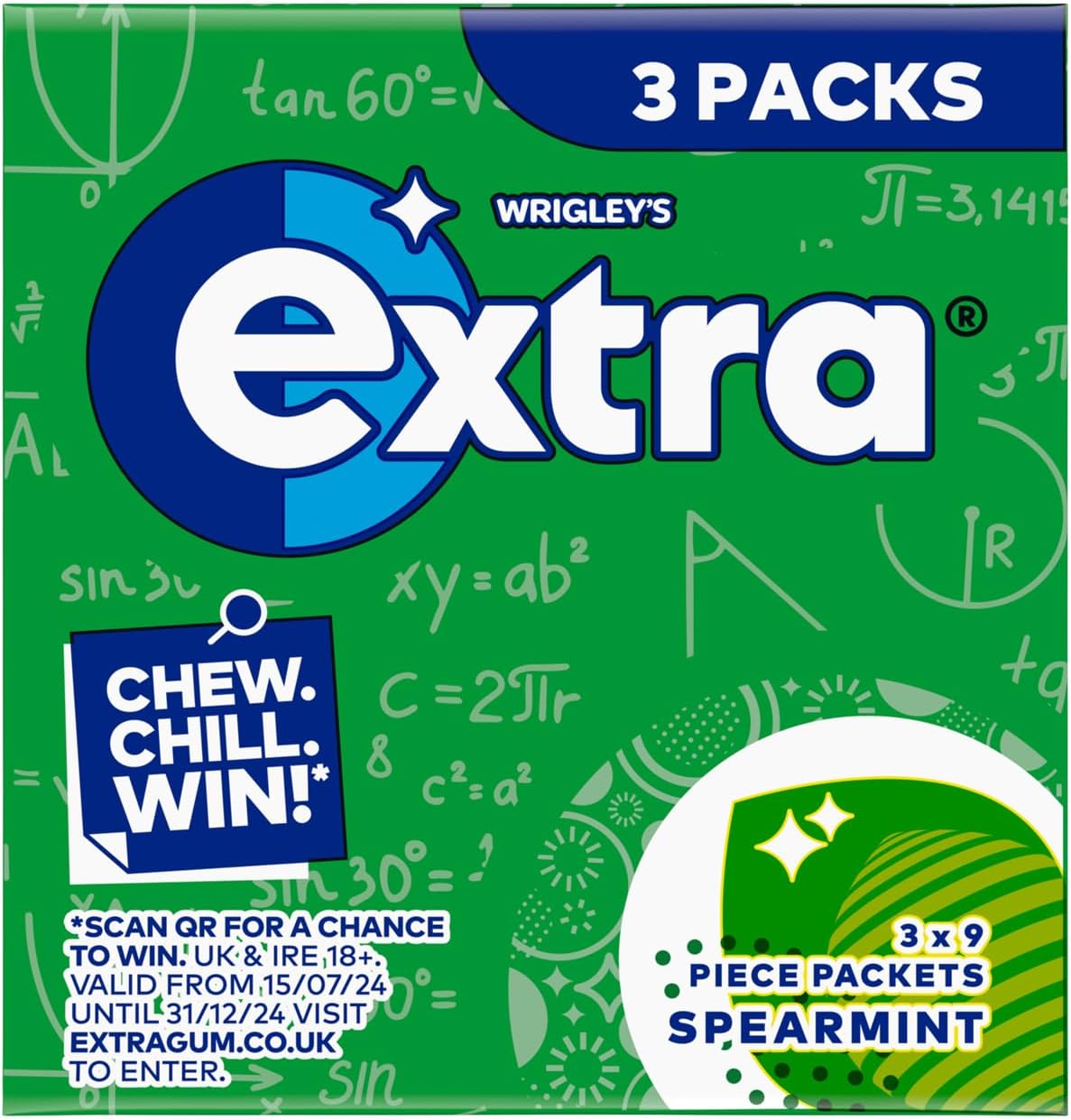 Extra Chewing Gum, Sugar Free, Spearmint Flavour, Pack of 3 x 9 Pieces (Packing May Vary)