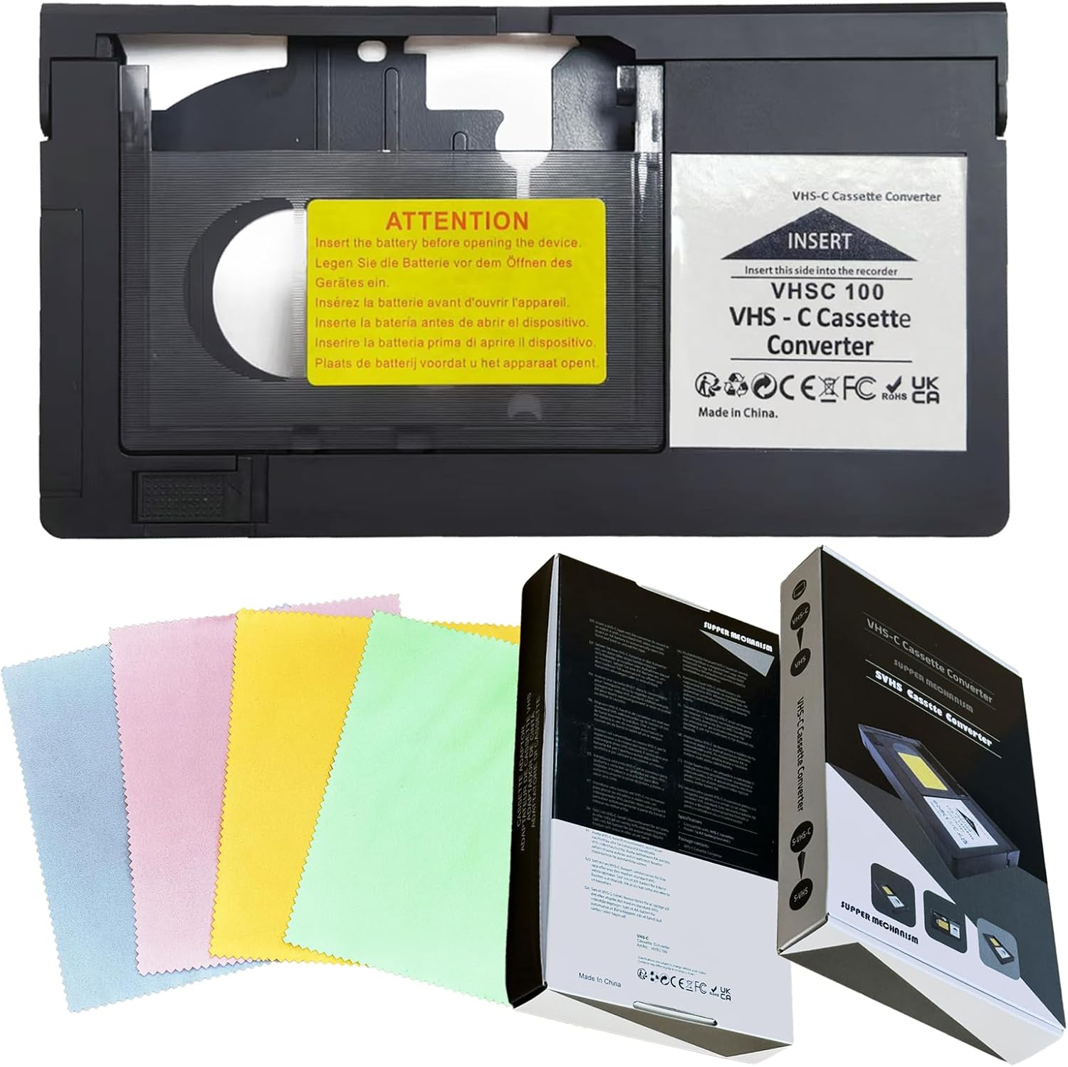 VHS-C Cassette Adapter Compatible with VHS-C SVHS Camcorders Motorized VHS Cassette Converter Not Compatible with 8mm / MiniDV / Hi8 with 4 Pcs Lens Clean Cloth