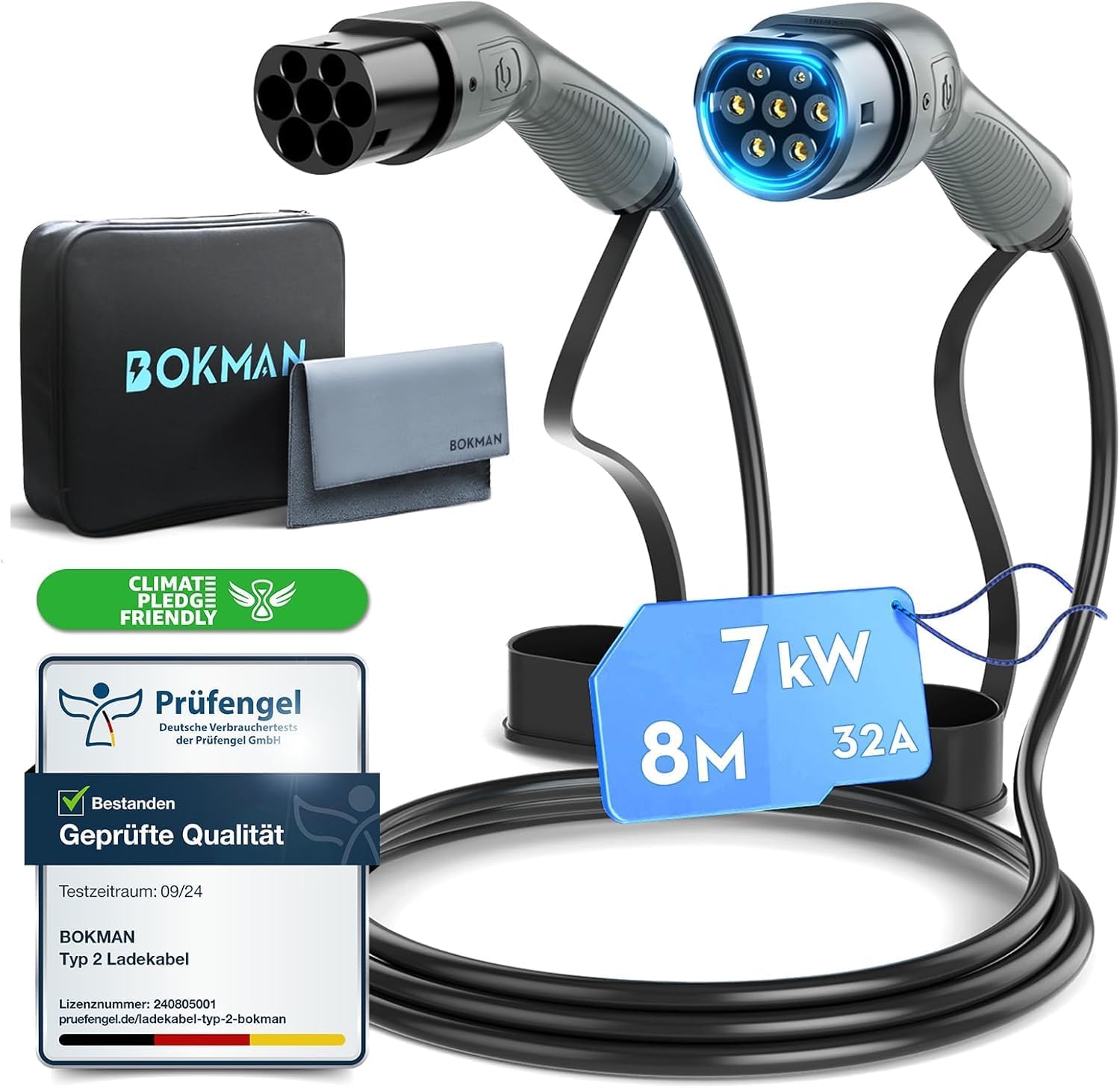 bokman Type 2 EV Charging Cable, Mode 3 / 32A / 7.2KW / 1 Phase / 8 Meter, Electric Vehicle Car Plug-in Hybrid Type 2 to Type 2 Fast Charging Cable