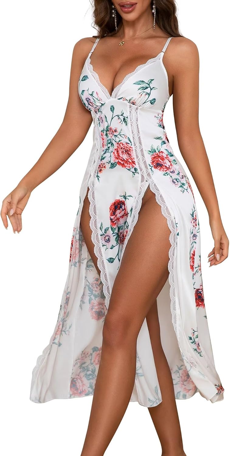 Womens Lingerie Lace Babydoll Nightgown Side Split Chemise Sexy Sleepwear S-XXL