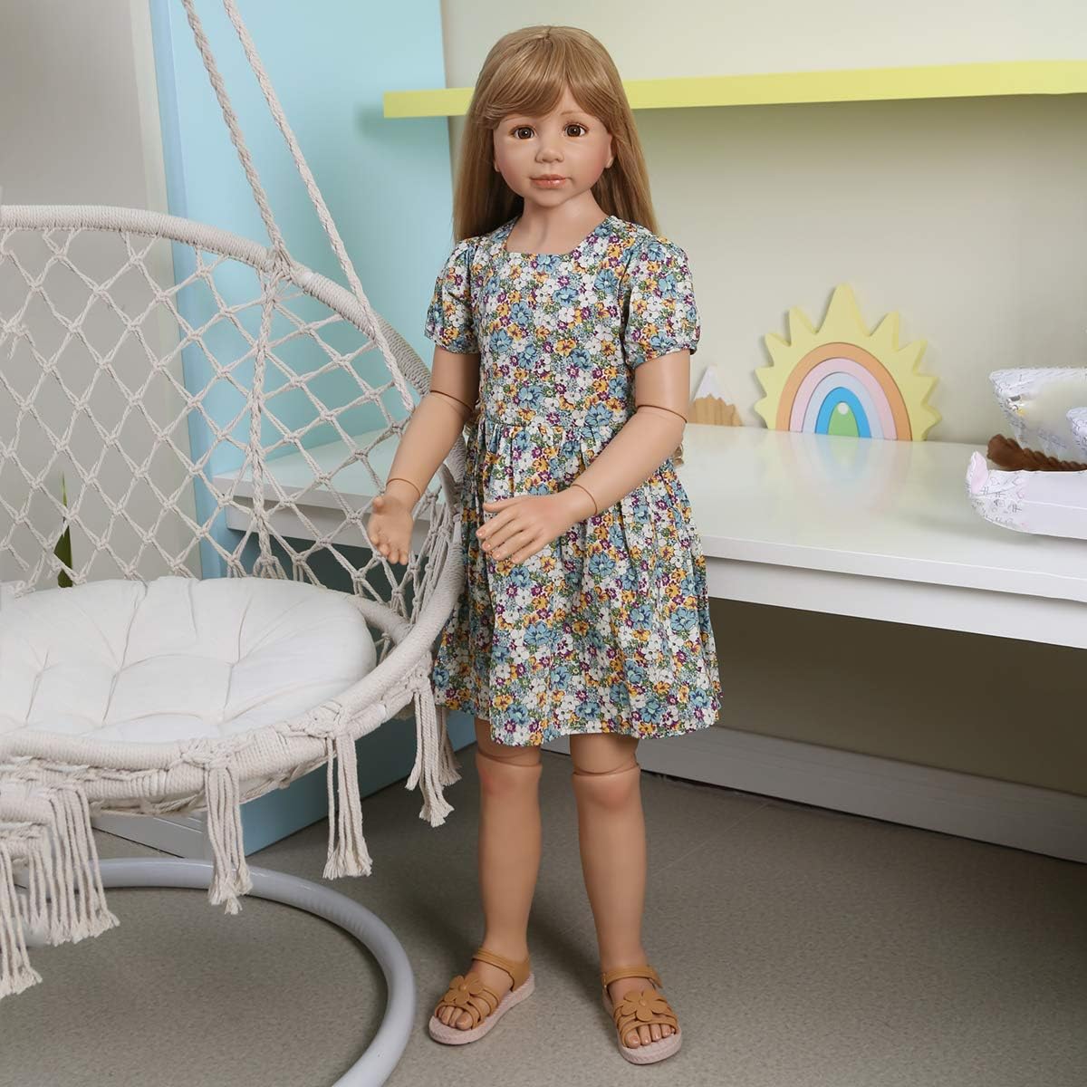 Pinky Reborn 47inch Reborn Toddler Doll, Floral Dress Brown Hair Girl, Realistic Newborn Doll, Collectible, 120cm/47''